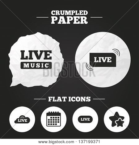Crumpled paper speech bubble. Live music icons. Karaoke or On air stream symbols. Cloud sign. Paper button. Vector