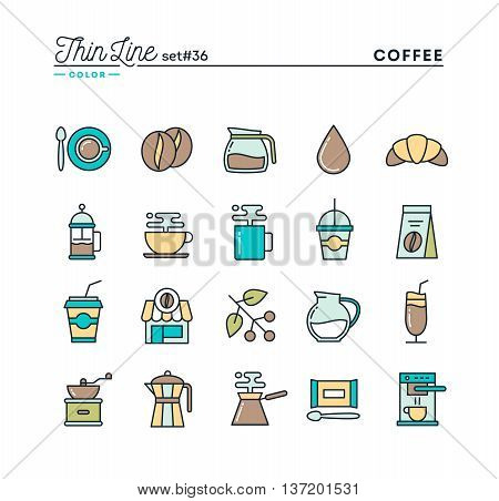 Coffee thin line color icons set vector illustration