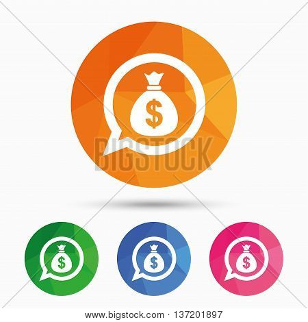Money bag sign icon. Dollar USD currency speech bubble symbol. Triangular low poly button with flat icon. Vector