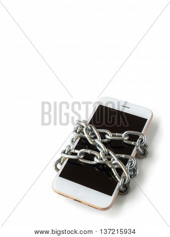 Modern mobile phone with chain locked isolate on white background with copy space and clipping path. Concept of social network issues forgot password information security robbery or piracy (Vertical)