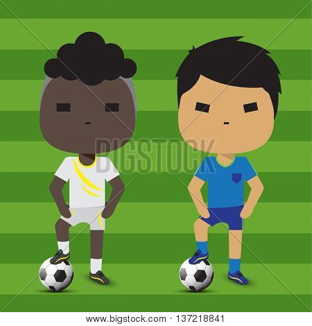 Smiling football player standing with a ball. Vector illustration