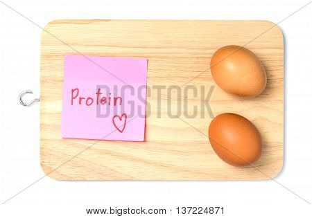 Eggs for protein paper tag on wooden tray