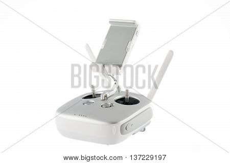 Varna Bulgaria - April 23 2016: ImageRemote controler of DJI Inspire 1 Pro drone UAV quadcopter which shoots 4k video and 16mp still images and is controlled by wireless remote with a range of 2km isolated on white