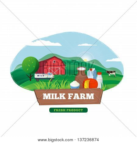 Milk farm concept banner vector flat design. Organic farming, traditional products. Clean naturally produced food. Milk, cottage cheese, sour cream with cow farm on background illustration.