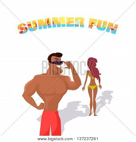 Summer fun concept illustration. Beach pickup and dating concept vector in flat style design. Muscular man looking after beautiful girl in bicini. Isolated on white background.