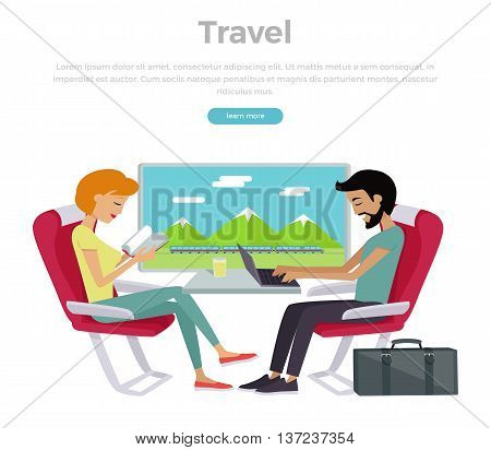 Train travel concept web banner. Railway comfort family journey vector illustration in flat style design. Young couple relaxing sitting in comfortable armchairs in express.