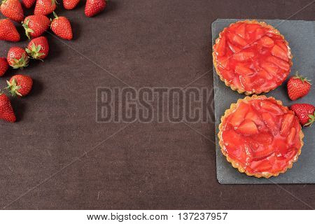 Chocolate Tart, Tartalette With White Chocolate And Mascarpone Cream, Fresh Strawberries On Top. Bor