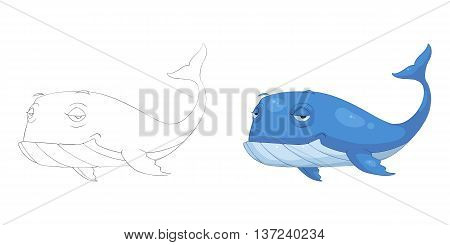 Blue Whale. Coloring Book, Outline Sketch, Animal Mascot, Game Character Design isolated on White Background