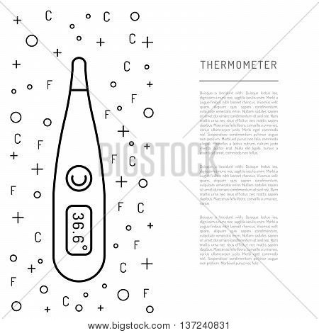 Image thermometer icons are drawn in a linear style a device for measuring temperature. Various types of electronic thermometers. infrared liquid measuring body temperature food environment.