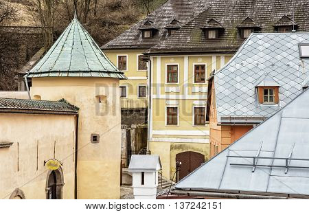Banska Stiavnica in Slovak republic. Historical city center. Tin roofs. Architectural scene. Cultural heritage. Travel destination. Old town entered in the Unesco.