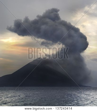 Volcano eruption at sunrise. Anak Krakatau in Indonesia