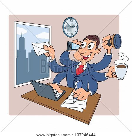 Illustration of the busy businessman in the office successfully doing several things at once