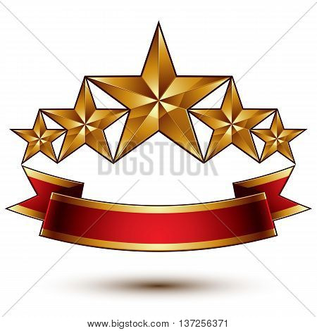 Royal golden symbolic five stylized glossy stars with red curvy ribbon best for use in web and graphic design luxury conceptual vector icon isolated on white background.
