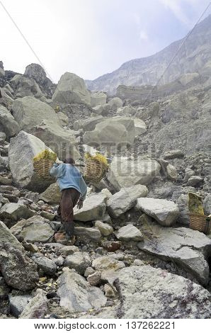 Extracting Sulphur Inside Kawah Ijen Crater, Indonesia