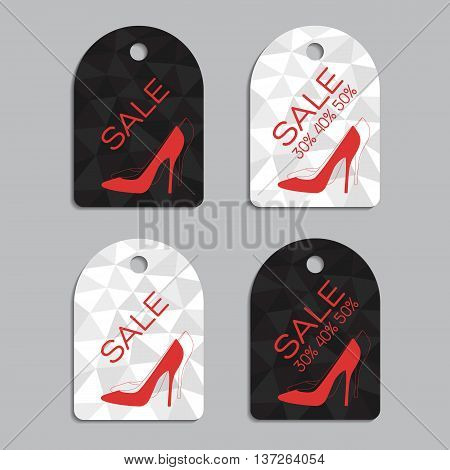 Sale stickers set for women shoes with Sale, Sale 30, 40, 50 percent on black, grey, white triangles background. Vector illustration.