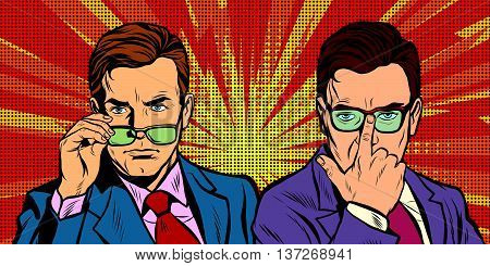 Two men with glasses look simply pop art retro vector realistic hand drawing illustration