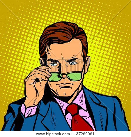 The man takes off his glasses pop art retro vector realistic hand drawing illustration