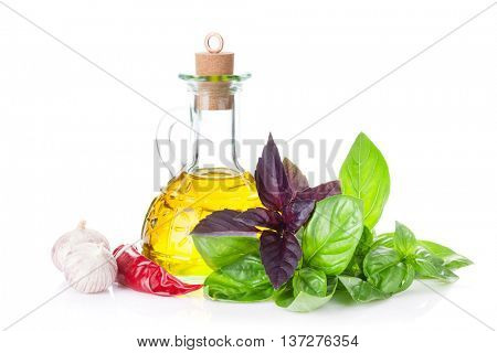 Fresh garden basil and olive oil. Isolated on white background