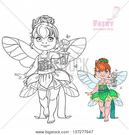 Beautiful little fairy with a flashlight color and outlined picture for coloring book on white background