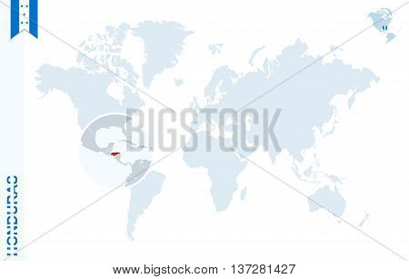 Blue World Map With Magnifying On Honduras.