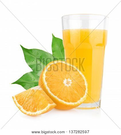 Isolated orange juice with slices of oranges on white background. 100 percent fresh and organic. Sweet juicy cocktail in glass. Natural antioxidant.