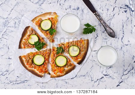 Traditional Asian thin tortilla with minced meat and vegetables. Selective focus.