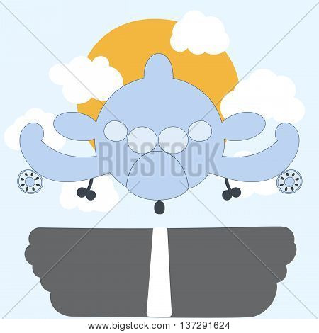 Cartoon plane landing with clouds and sun. Cute, toy airplane design. Vector illustration.