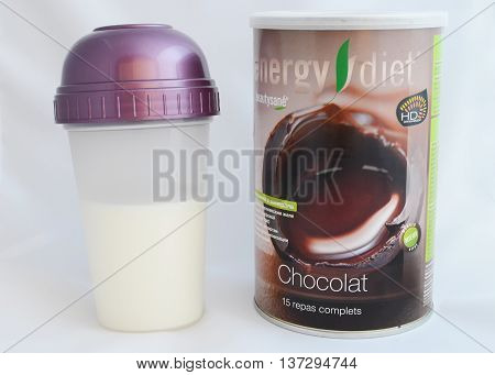Irkutsk Russia - Sept 17 2015: Enegry diet coctail in the tin can and in the shaker. NLInternational goods