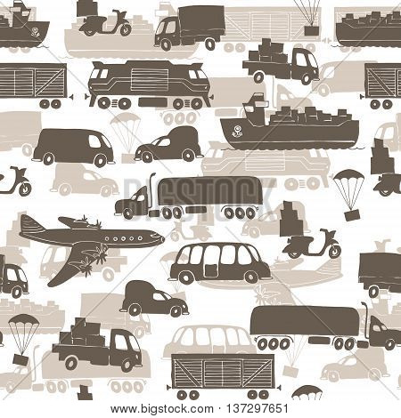 Seamless pattern with types of transport delivery delivery ways and logistics in business and industry with scooter bus trucks airplane railway seaway cargo ship and other.