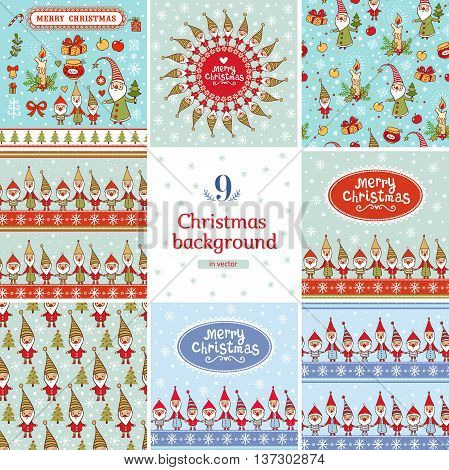 9 stylish holiday seamless patterns with cute gnomes.