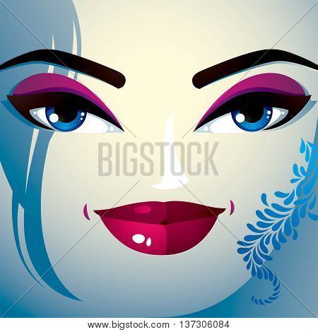 Attractive woman with stylish bright make-up and contemporary hairstyle. Sexy Caucasian distrustful lady. Decorative portrait.