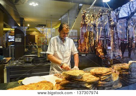 Istanbul Turkey - January 26 2014: Istanbul a famous boulevard with Women Market Buryan kebab in Zeyrek district. Buryan Puryan or Biryan also called Turkey's made in many parts of Bitlis Siirt and a meat dish. Perive also called in Arabic. Kebab is a der
