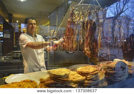 Istanbul Turkey - January 26 2014: Istanbul a famous boulevard with Women Market Buryan kebab in Zeyrek district. Buryan Puryan or Biryan also called Turkey's made in many parts of Bitlis Siirt and a meat dish. Perive also called in Arabic. Kebab is a der