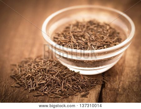 Close up of Caraway seeds in a glass bowl