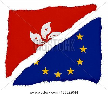 Hong Kongese And Eu Flag Torn Paper Scraps Isolated On White Background