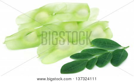 Medicinal moringa leaves with seeds over white background
