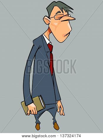 cartoon cheerless man in suit and tie with book in hand