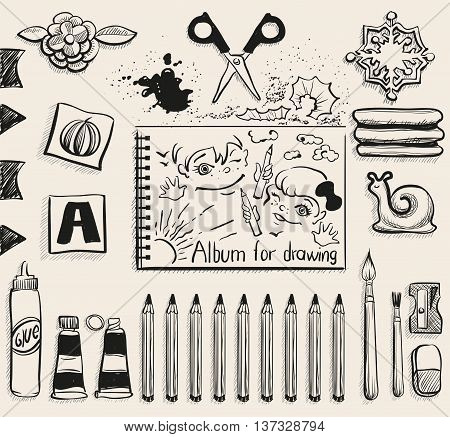 School office supplies top view. Scissors, album, pencils, glue, eraser, brush and smudge. Illustration in vector format