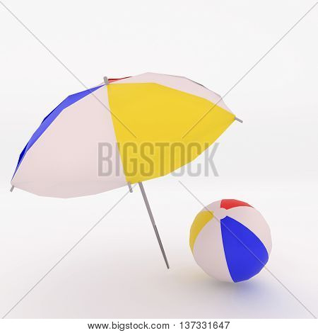 3D rendering of colorful beac ball and umbrella on white background