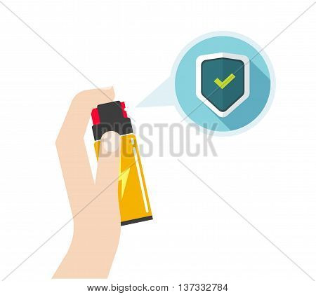 Man hand holding self-defense spray vector illustration, flat icon, self defense pepper bottle, concept of human attack technology, safety equipment, personal security, modern design isolated on white