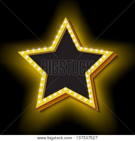 Vintage neon star icon. retro frame with a clean black background for the text. Neon yellow light on the black wall. Oemnaya frame symbol for your banner. Design ellement. illustration