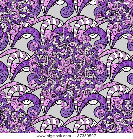 Vector vivid seamless abstract hand drawn pattern with plants. Wave patterns seamlessly tiling. Hand drawn seamless floral background. Doodle style.