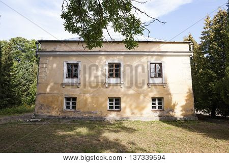 Abandoned Old Crumbling Building In The Village Svyatsk, Belarus, The Palace Of The 18th Century