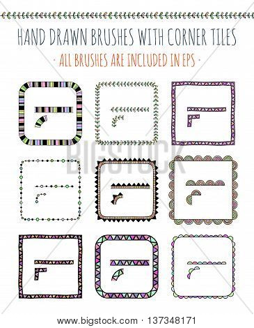 Vector set of nine hand drawn brushes with corner tiles. Pattern of different colors for frames, borders and design elements. Vector isolated illustration. Brushes are included in eps.
