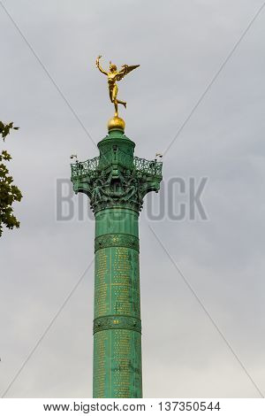 Top of the July Column Colonne de Juillet. Place de Bastille Paris France.