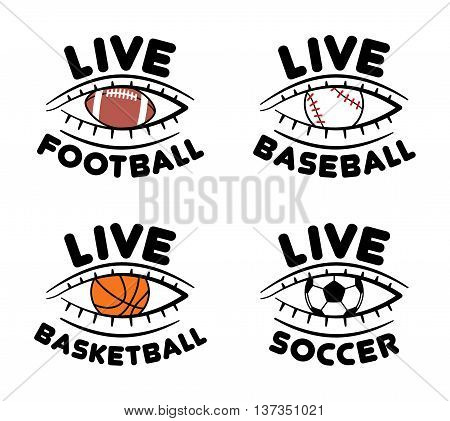 Set of sport event icons for live football, baseball, basketball, soccer match. Eye symbol.