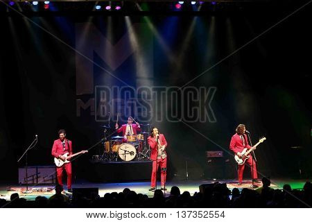 HUNTINGTON, NY-MAR 7: (L-R) Mark Pellizzer, Alex Tanas, Nasri and Ben Spivak of the reggae fusion band Magic! performs in concert at The Paramount on March 7, 2015 in Huntington, New York.