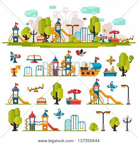 Children playground. Swings sandpit sandbox bench tree children tower children house children slide. Kids playground flat stock illustration with isolated elements on white background.
