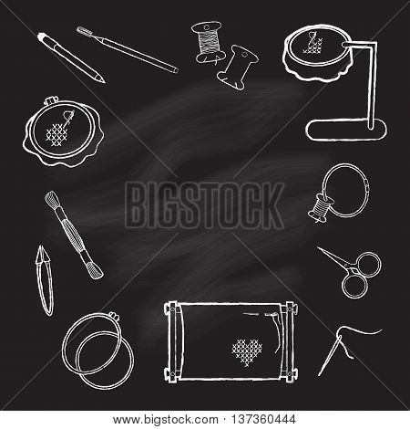 Frame tool for embroidery drawn in chalk on a blackboard. Frame for embroidery scissors spool thread needle marker and other accessories. White on black. Vector illustration.