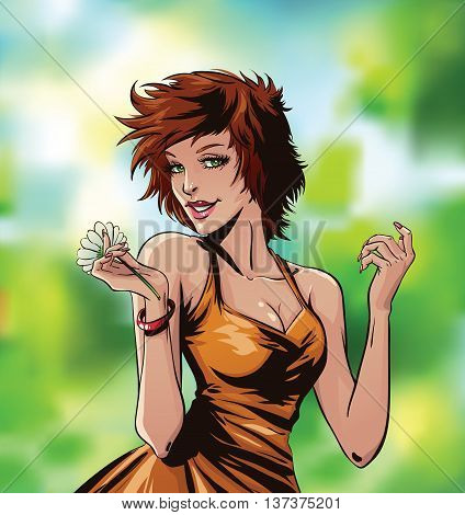 Girl with the flower. Vector illustration. Comics.